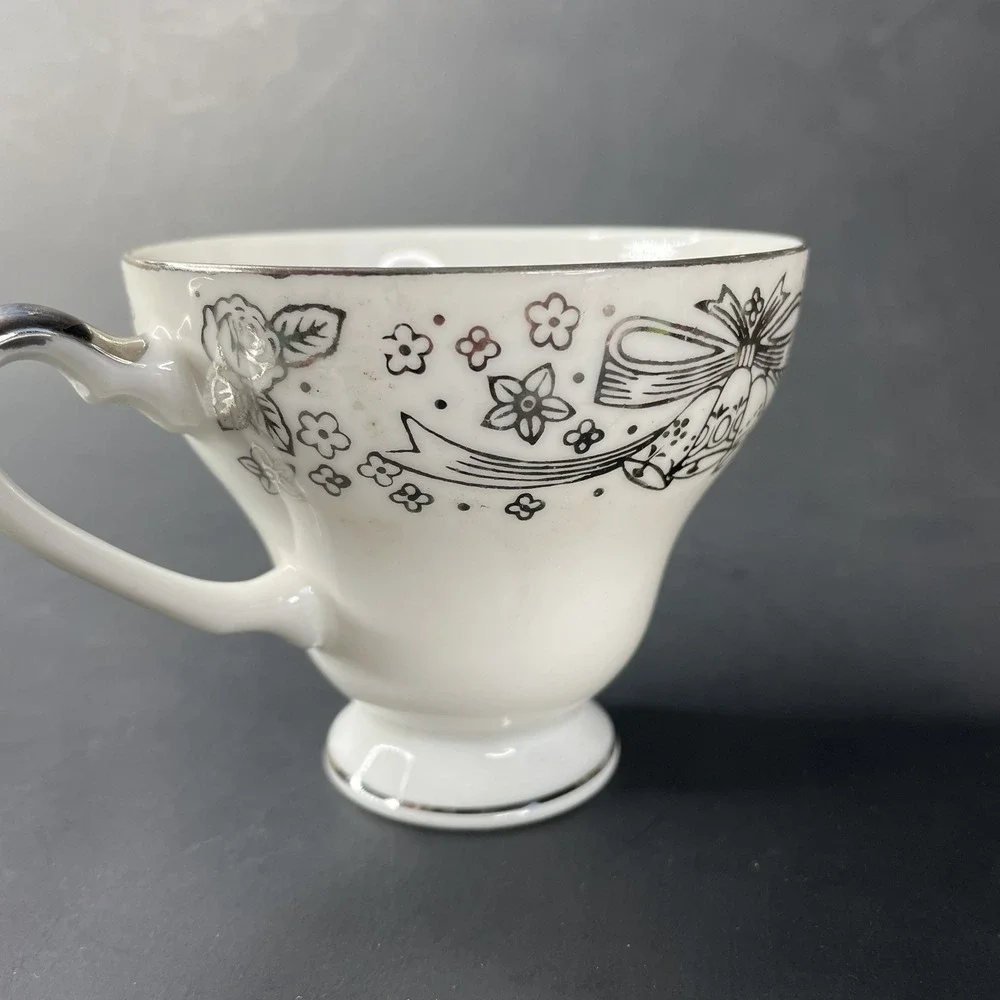 Vtg Arnart Creation Tea Cup & Saucer Japan‎ 25th Silver Anniversary White Bells